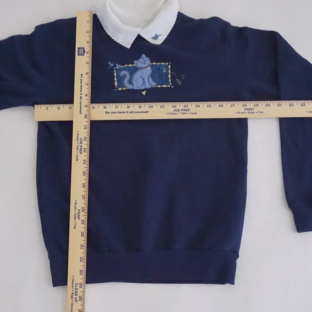 Vintage Top Stitch Navy Blue White Embroidered Cat Peter Pan Collar Sweater S - Picture 3 of 9